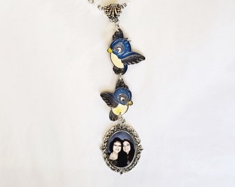 Rearview Mirror Charm Memorial Photo Blue Birds Enamel Crystals Pearls Silver Tibetan Beads - FREE SHIPPING