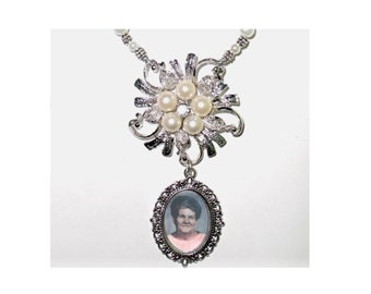 Rearview Mirror Memorial Photo Old World Charm Crystal Snowflake Pearls Tibetan Beads - FREE SHIPPING