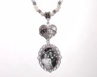 Wedding Bouquet Memorial Photo Charm Sister Heart Clear Crystals Pearls Silver Tibetan Beads - FREE SHIPPING