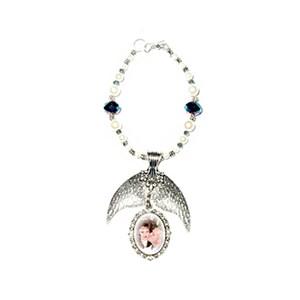 Mermaid Tail Wedding Bouquet Memorial Photo Oval Metal Charm Silver Blue Crystal Gems Pearls Tibetan Beads - Free SHIPPING