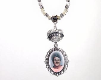 Wedding Bouquet Memorial Photo Charm Memaw Heart Clear Crystals Pearls Silver Tibetan Beads - FREE SHIPPING
