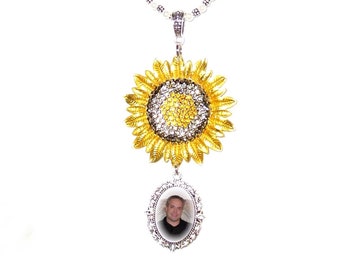 Wedding Bouquet Memorial Photo Charm Large 2" Sunflower Yellow Crystal Gems Pearls Silver Tibetan Beads - FREE SHIPPING