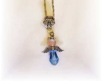 Miscarriage Awareness Angel Necklace Silver Wings Blue Pink Crystal Angel with 20" Chain - FREE SHIPPING