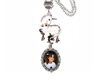 Unicorn Pendant Necklace White Enameled Blue Silver Charm with 18"  Chain - FREE SHIPPING