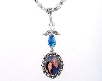 Rearview Mirror Memorial Photo Oval Metal Charm Something Blue Holy Silver Wings Angel Crystals Pearls Tibetan Beads - FREE SHIPPING