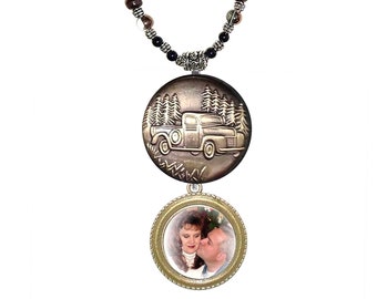Rearview Mirror Photo Charm Bronze Vintage Truck Black Silver Tibetan Beads - FREE SHIPPING