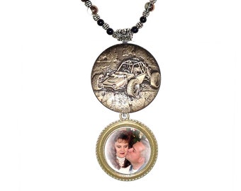Rearview Mirror Photo Charm Bronze Race Car Black Silver Tibetan Beads - FREE SHIPPING