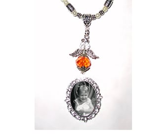 Rearview Mirror Memorial Photo Charm Orange Awareness Heavenly Angel Crystals Gems Diamonds Pearls Silver Tibetan Beads - FREE SHIPPING