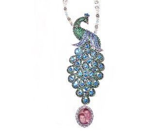 Wedding Bouquet Charm Photo Memorial Peacock Graceful Elegance Silver Bronze Blue Green Crystals Pearls - FREE SHIPPING