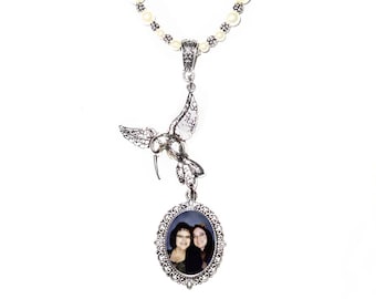 Wedding Bouquet Memorial Photo Charm Hummingbird Crystals Pearls Silver Tibetan Beads - FREE SHIPPING