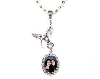 Rearview Mirror Memorial Photo Charm Oval Metal Hummingbird Pearls Silver Tibetan Beads - FREE SHIPPING