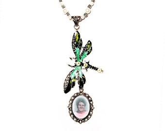 Rearview Mirror Memorial Photo Charm Dragonfly Green Blue Crystals Pearls Tibetan Beads - FREE SHIPPING