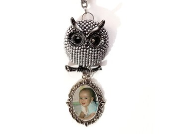 Rearview Mirror/Wedding Bouquet Memorial Photo Metal Charm Pale Blue Gray Owl White Pearls Crystal Gems Tibetan Beads - FREE SHIPPING