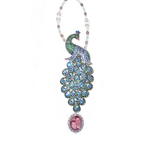 Wedding Bouquet Charm Photo Memorial Peacock Graceful Elegance Silver Bronze Blue Green Crystals Pearls - FREE SHIPPING