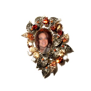 Photo Wedding Bouquet Memorial Brooch Photo Bronze Amber Grace Crystal Gems - FREE SHIPPING