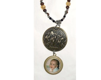 Rearview Mirror Photo Charm Bronze Cowboys Horses Black Silver Tibetan Beads - FREE SHIPPING