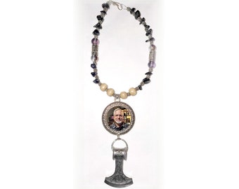 Warrior Axe Head Rearview Mirror Photo Charm Viking Norsemen Dane Crystals Polished Black Rocks Wood Tibetan Beads - FREE SHIPPING