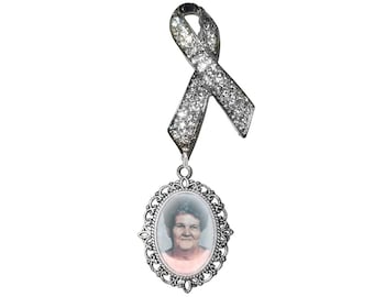 Clear Crystal Ribbon Memorial Brooch with Silver Photo Charm - FREE SHIPPING