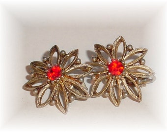 Vintage Bronze Poinsettia Filigree and Red Crystal Clip-on Earrings - FREE SHIPPING