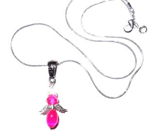May include: A silver chain necklace with a pink angel pendant. The angel has silver wings and a pink crystal body.