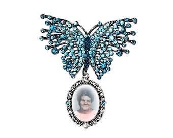Aqua Blue Crystal Butterfly Memorial Photo Brooch – Silver Vintage Style Picture Charm – Sympathy Gift – Keepsake Jewelry – FREE SHIPPING