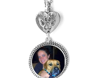 Pet Ash Urn Memorial Photo Pendant Necklace Dog Cat Pawprint Antiqued Heart Silver Charm with 18" Chain - FREE SHIPPING