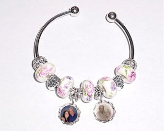 European Style Bracelet with 2-Photo Charms Pink English Rose Metal Tibetan Beads - FREE SHIPPING