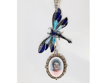 Rearview Mirror Memorial Photo Charm Dragonfly Royal and Aqua Blue Crystals Pearls Tibetan Beads - FREE SHIPPING