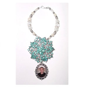 Wedding Bouquet Memorial Photo Timeless Charm Aqua Blue Crystal Gems Pearls Silver Tibetan Beads - FREE SHIPPING