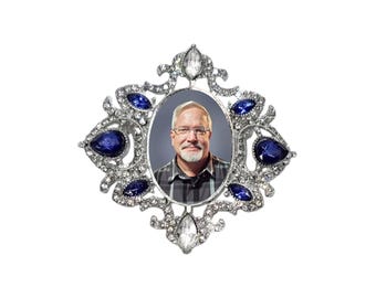 Memorial Photo Brooch: Silver, Midnight Blue Crystals - Keepsake Gift - FREE SHIPPING
