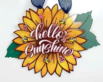 Sunflower Door Sign: Hello Sunshine, Hearts and Bees, Layered Wood - FREE SHIPPING