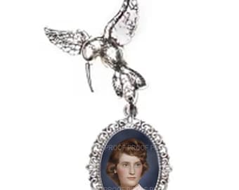 RESERVED FOR AMBER - Wedding Bouquet Memorial Photo Charm Hummingbird Crystals Pearls Silver Tibetan Beads - Free Shipping