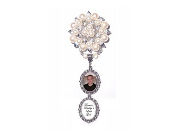 Diamonds & Pearls Double Memorial Photo Charm Wedding Brooch Silver Crystal Gems Metal Tibetan Beads - FREE SHIPPING
