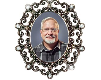 Memorial Photo Brooch Antiqued Silver - Clear Crystals - FREE SHIPPING