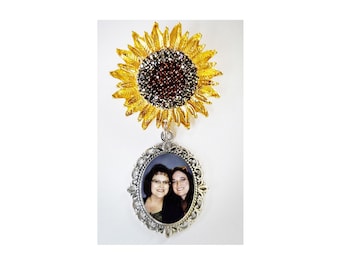 Brooch Sunflower Metal Golden Yellow Brown Rhinestones Wedding Memorial - FREE SHIPPING