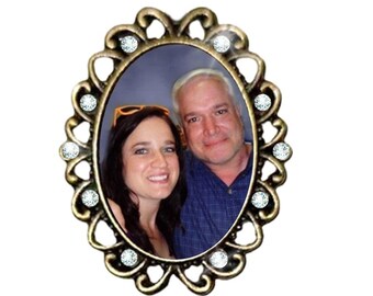 Memorial Photo Brooch - Bronze Oval - Clear Crystals - FREE SHIPPING
