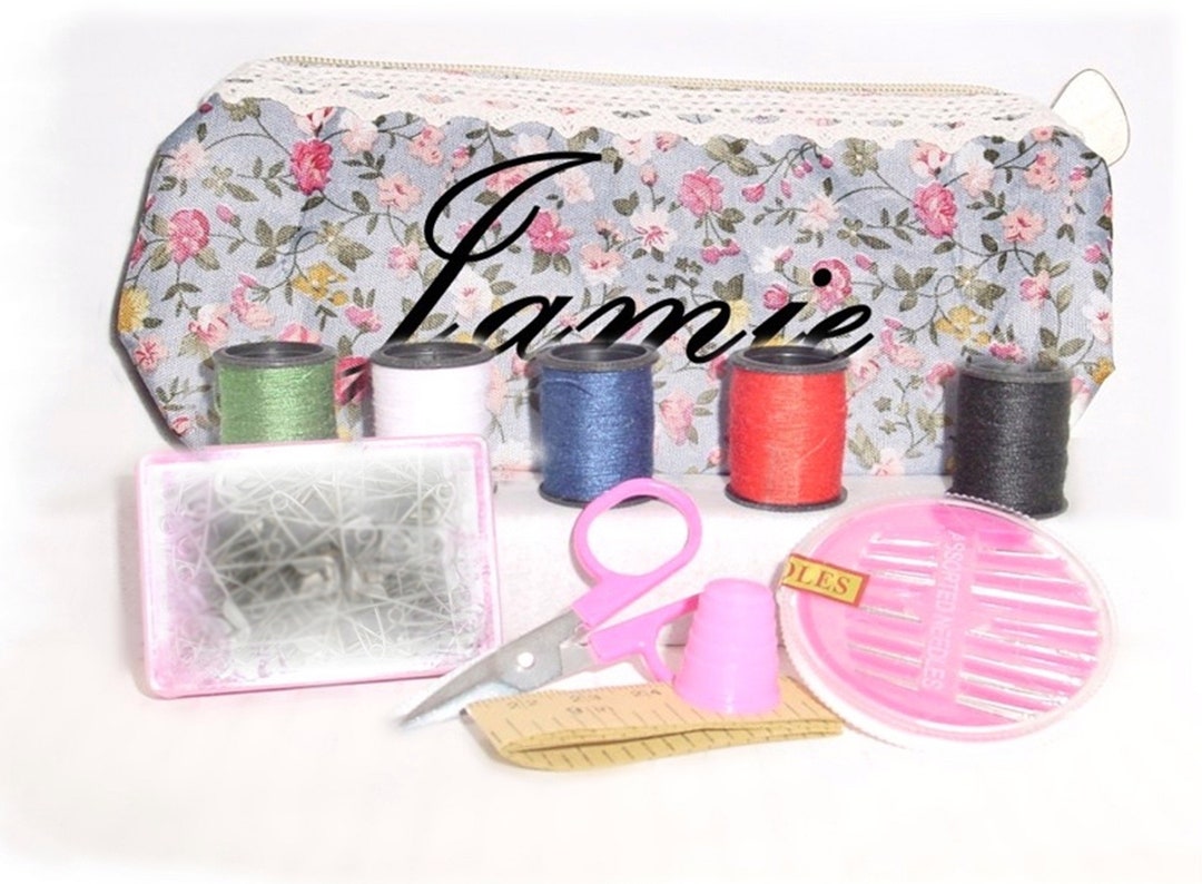 Personalized Sewing Travel Kit 12 Piece Blue Pink Floral Case FREE