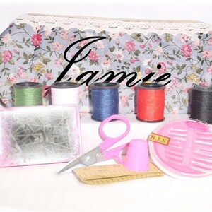 Personalized Sewing Travel Kit - 12 Piece - Blue Pink Floral Case - FREE SHIPPING