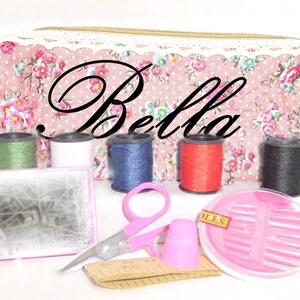 Personalized Sewing Travel Kit - 12 Piece - Pink Floral Case - FREE SHIPPING