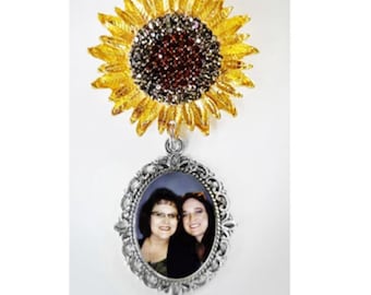 Brooch Sunflower Metal Golden Yellow Brown Rhinestones Wedding Memorial - FREE SHIPPING