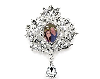 Wedding Bouquet Memorial Photo Charm Brooch Silver Clear Crystal Gems - FREE SHIPPING