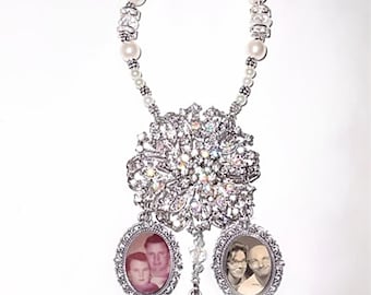 Wedding Bouquet Memorial Photo Triple Charm Timeless Old World Crystal Gems Pearls Silver Tibetan Beads - FREE SHIPPING