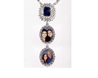 2-Photo Charm Wedding Bouquet Memorial Charm Timeless Elegance Something Blue Navy Crystal Gems Pearls - Free Shipping