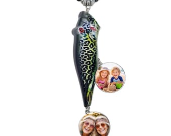 Rearview Mirror Charm Bass Fishing Lure Lime Green Black 2 Photo Charms Green Glass and Wooden Beads Tibetan Metal - FREE SHIPPING