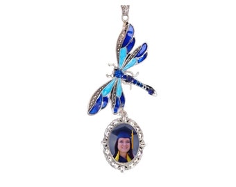 Rearview Mirror Memorial Photo Charm Dragonfly Royal and Aqua Blue Crystals Pearls Tibetan Beads - FREE SHIPPING