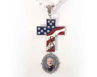 Rearview Mirror Memorial Photo Charm Red White Blue Flag Cross I Love You Dad Clear Crystals White Pearls Silver Beads - FREE SHIPPING