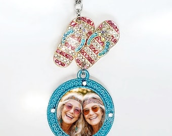 Memorial Wedding Bouquet/Rearview Mirror Photo Charm Flip Flop Beach Theme Pink Blue Striped, Crystals Pearls Butterflies - FREE SHIPPING