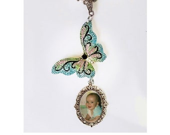 Rearview Mirror or Wedding Bouquet Memorial Photo Lime Green Aqua Blue Teal Pink Crystal Butterfly Charm Pearls Silver Beads - FREE SHIPPING