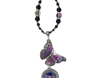 Wedding Bouquet/Rearview Mirror Photo Charm: Silver Purple Butterfly, Black Pearls, Translucent Glass Beads & Tibetan Beads - FREE SHIPPING