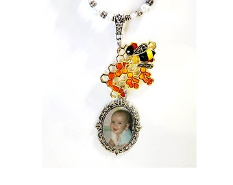 Rearview Mirror Memorial Photo Charm Honeybee Honeycomb Yellow Crystal Gems Pearls Silver Tibetan Beads - FREE SHIPPING